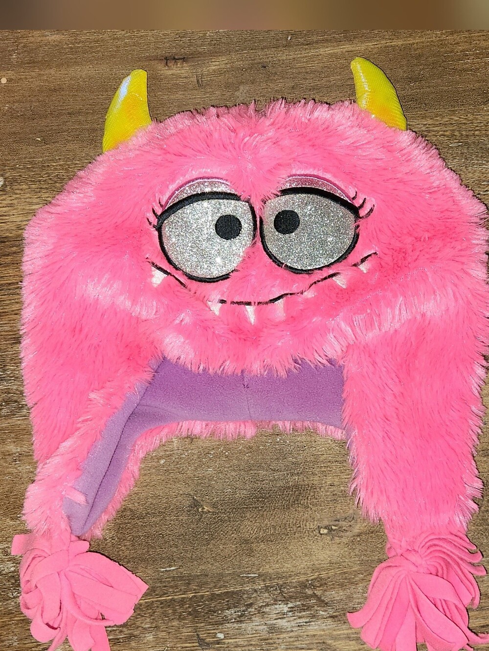 Pink Fuzzy Monster Earflap Hat with Yellow Horns